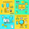 E-learning, Online Ecucation, Web Courses and Distance trainings concept. Thin Line icons. Vector Illustration. Banners for web , Royalty Free Stock Photo