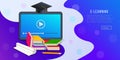 E-learning, online education or training courses web banner with video player, tablet, books, pencil and graduation cap.