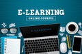 E-learning online education vector banner. E-learning online courses text with laptop computer devices