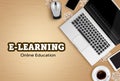 E-learning online education vector design. Online education text with laptop, phone and tablet device elements for educational.