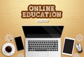 E-learning online education vector design. Online education text with laptop, phone and tablet device elements for educational.