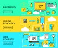 E-learning, Online Education and Web Courses horizontal banners. Distance Trainings. Study Icons with thin line style. vector Royalty Free Stock Photo