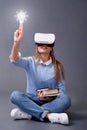 E-learning and online language school or web lesson. Webinar,and global internet courses. Girl and VR glasses