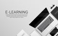 E-learning online school vector banner design. E-learning text in white background with laptop and phone elements for online home.