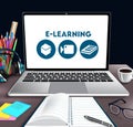 E-learning online school vector banner design. E-learning text in laptop device with educational tools elements like notebook.