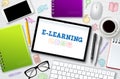 E-learning online school vector banner. E-learning online education text in mobile screen Royalty Free Stock Photo