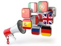 E-learning or online translator concept. Learning languages online. Megaphone and flags. Royalty Free Stock Photo