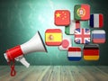 E-learning or online translator concept. Learning languages online. Megaphone and flags. Royalty Free Stock Photo