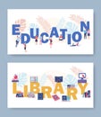 E-learning school vector illustration banners. Flat people learn and share new technology near letters Royalty Free Stock Photo