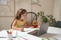 E-learning system. Smart little caucasian girl in headphones sitting at the table, using laptop and watching video Royalty Free Stock Photo