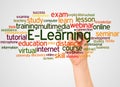 E-Learning word cloud and hand with marker concept Royalty Free Stock Photo