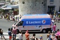 E.Leclerc truck distributing caps of the brand to the spectators of the Tour de France Royalty Free Stock Photo