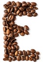 E letter made from coffee beans isolated on white background