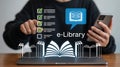 E library concept with person pointing at digital checklist with smartphone in hand Royalty Free Stock Photo