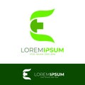 E logo and leaf icon design combination, green nature