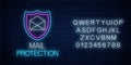 E-mail protection glowing neon sign with alphabet. Cyber security symbol with shield and open letter