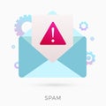 E-mail Spam message flat vector concept. Envelope with an open letter with a big warning notification. Unsolicited messages