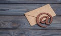 An e-mail symbol on a vintage mail envelope.