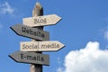 E-mails, social media, website, blog - wooden signpost with four arrows