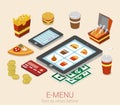 E-menu mobile device online menu order flat 3d isometric concept