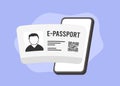 E-passport concept illustration. Electronic passport on phone screen with photo, personal data, QR code for easy