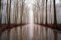 A serene starlit stream flowing, with tall trees arranged in a neat line on both sides of the stream