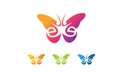 Monogram letter E with swoosh people and butterfly icon vector sign