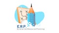 E.R.P. Enterprise resource planning concept skyscraper building pencil shape with big thext typography clean vector illustration