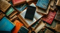 E-reader sits atop a stack of vintage hardcover books