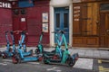 E-scooters parked on the street in Paris, France