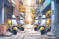 e-scooters stacked haphazardly in a city alleyway