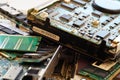 E-scrap. Used computer parts: memory, network cards, disks, graphics cards Royalty Free Stock Photo