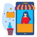 E-Shop In Smartphone Screen With Faceless Woman, Calendar, Plant Pot On Blue And White