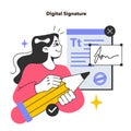 E-signature. Woman signing a legal document. Businesswoman signing