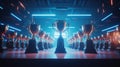 E-Sports trophy at studio illuminated by neon lights with blurred background. Generative AI