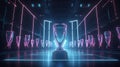 E-Sports trophy at studio illuminated by neon lights with blurred background. Generative AI