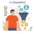 E-store and e-commerce. Entrepreneur selling goods and gaining