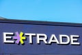 E-Trade Financial Corporation logo, stylized as E*TRADE, on discount brokerage branch. Wall Street investment bank Morgan Stanley Royalty Free Stock Photo