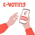 E-voting. Human hands holding smartphone with vote button Royalty Free Stock Photo