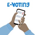 E-voting. Human hands holding smartphone with vote checklist. Electronic (internet) voting concept Royalty Free Stock Photo