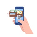 E-wallet, mobile payment, QR code, smartphone. Flat cartoon illustration vector graphic