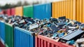 Discarded electronic waste piled on colorful containers outdoors. Generative ai Royalty Free Stock Photo