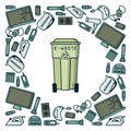 E-waste illustration with trash and dumpster