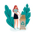 E-waste recycle bin - cartoon woman putting broken phone in container