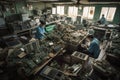 e-waste recycling plant, with employees sorting and salvaging reusable parts from electronic devices