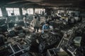 e-waste recycling plant, with workers breaking down and sorting various types of e-waste