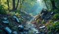 E waste scattered in natural setting. Electronic devices trash small stream bank in forest. Eco problem represented by discarded