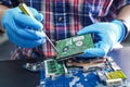 E-waste, technician repairing inside of hard disk by soldering iron. Royalty Free Stock Photo