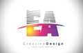 EA E A Letter Logo Design With Creative Lines and Swosh in Purple Brush Color.