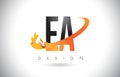 EA E A Letter Logo with Fire Flames Design and Orange Swoosh.